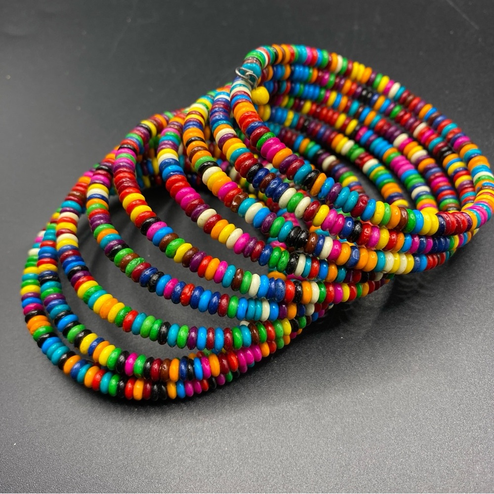 Chunky Colorful Beads Wide Artisan Made Memory Wire Bracelet - Picture 7 of 7